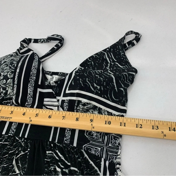 Maxi Dress Y2K Medium Empire V Neck‎ Black Print Spaghetti Strap Flowy Stretch - Picture 10 of 14